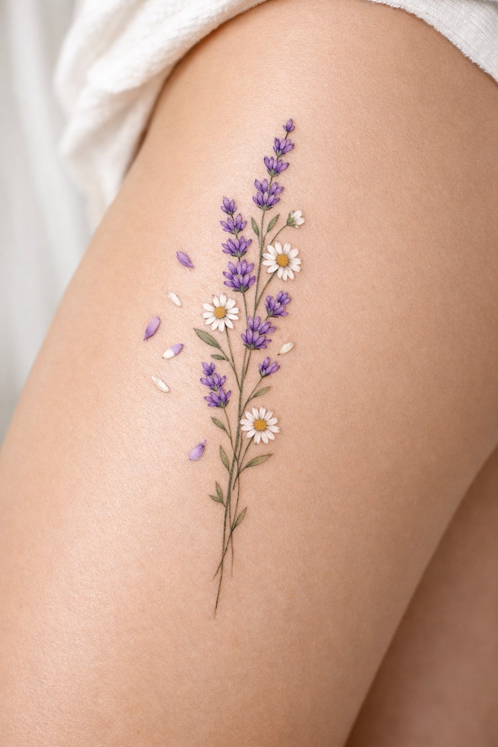Close-up of the outer thigh: a fine-line stem of lavender and daisies flowing vertically down the leg. A few petals are detached, floating beside the stem. Soft, natural light on clean skin.