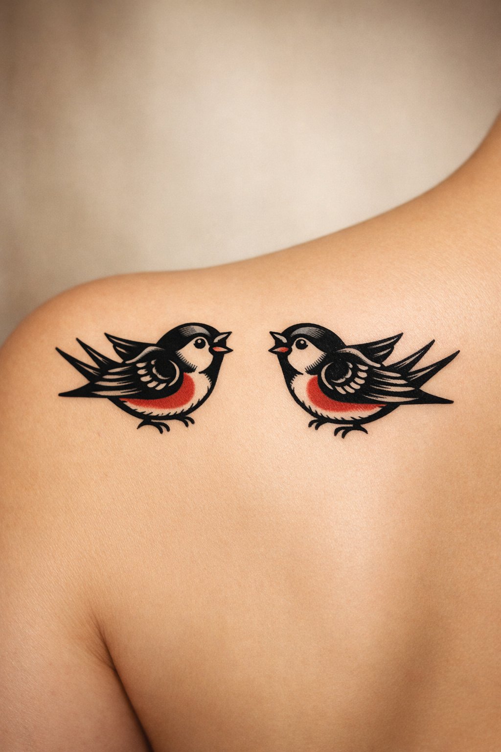 Close-up of two small, classic sparrow tattoos in profile on the back shoulder. They are positioned as if chirping to each other, using bold black lines and minimal red accent. Clean, vintage-style lighting.