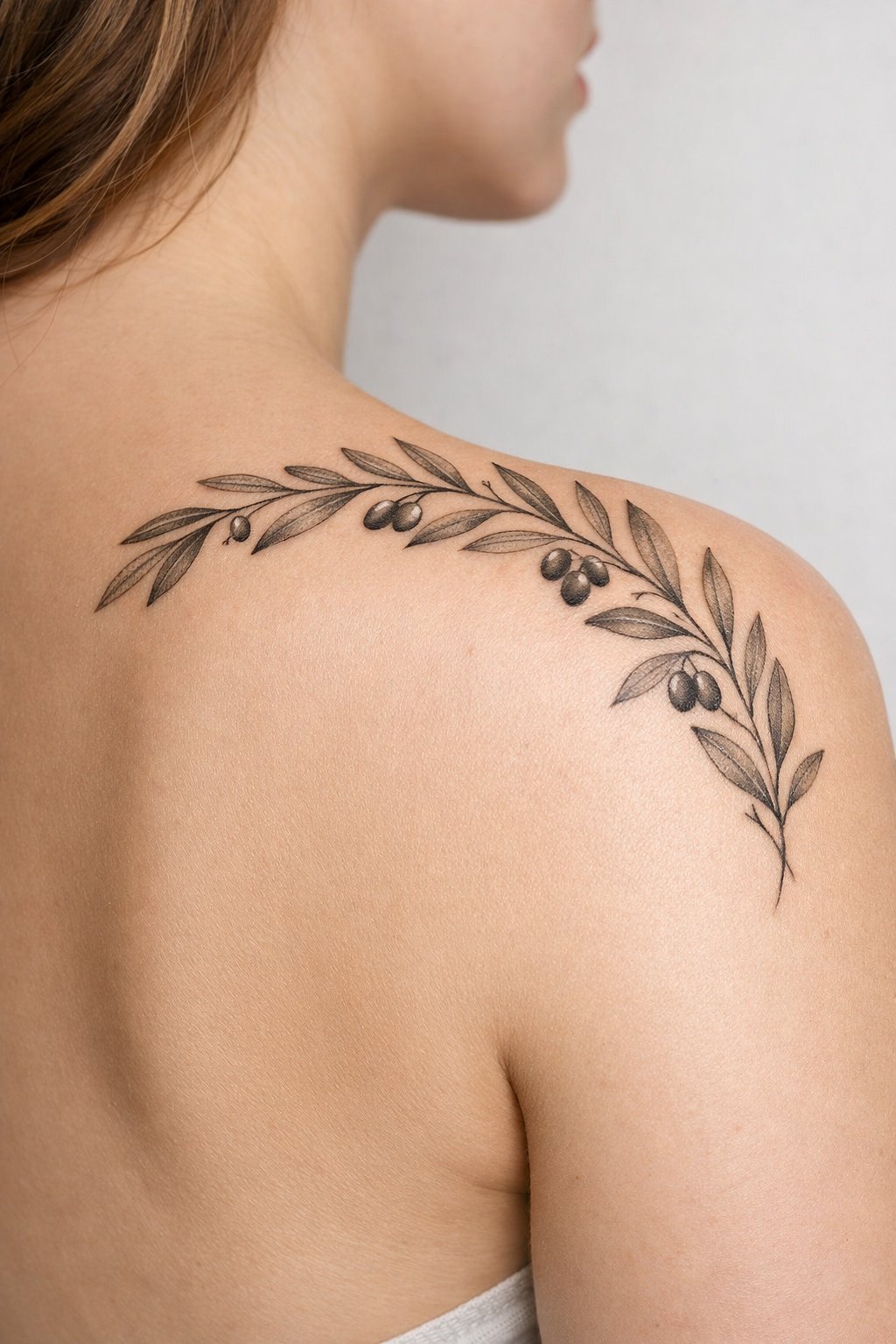 Close-up where an olive branch tattoo starts on the back shoulder and curls over the top. Focus on the detailed leaves and tiny olives. Soft, diffused light on clean skin