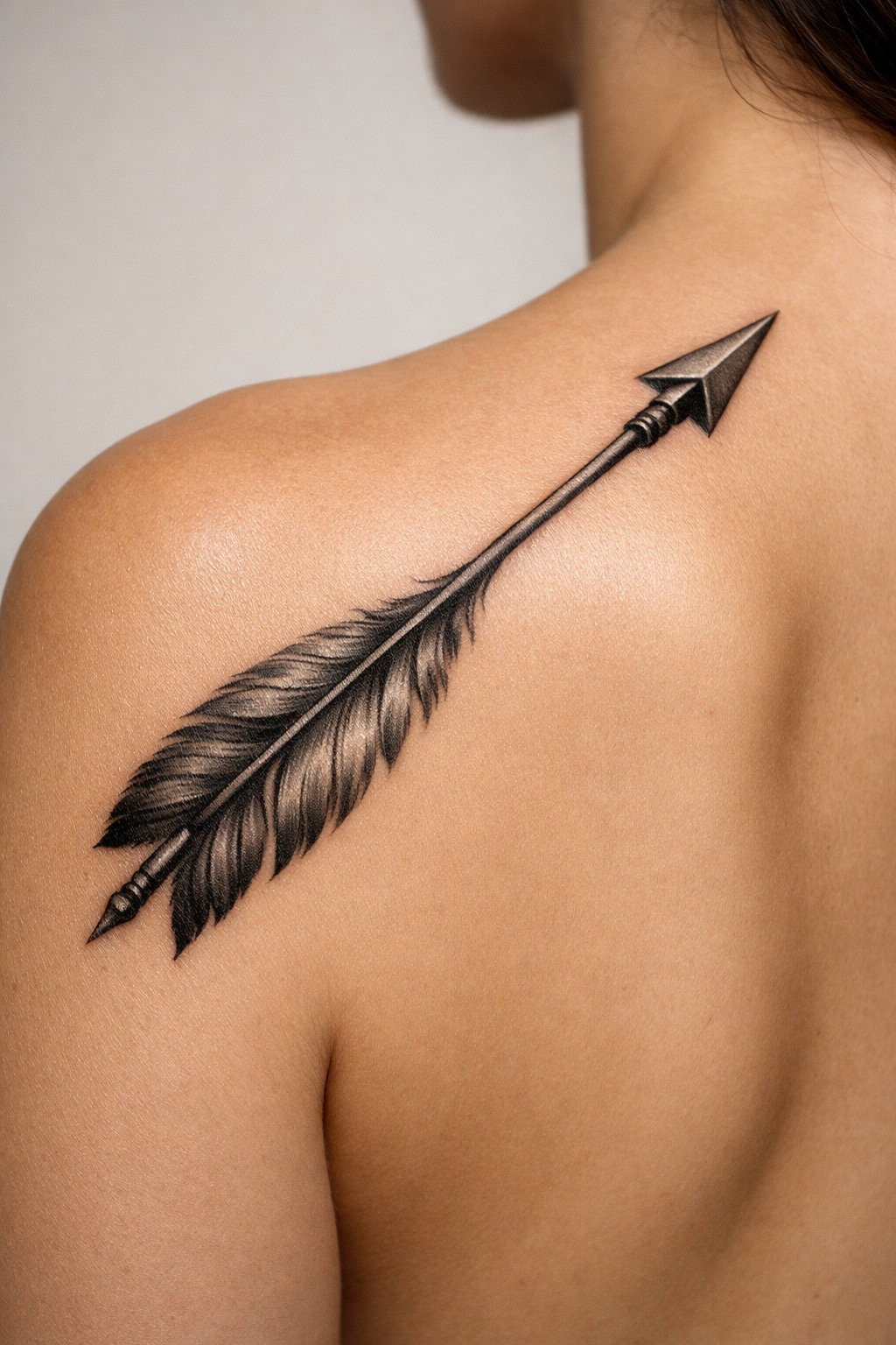 Detail shot of a finely-shaded arrow tattoo running along the edge of the shoulder blade. The fletching (feathers) is detailed, and the arrow points toward the spine. Neutral background."