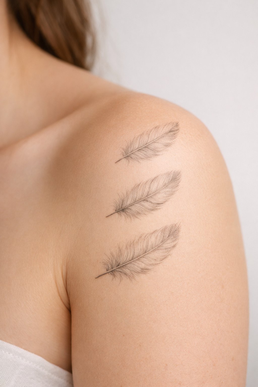 "Detail shot of three delicate, wispy feather tattoos trailing vertically down from the shoulder. The finest strokes suggest softness, captured on smooth skin with even, natural light."