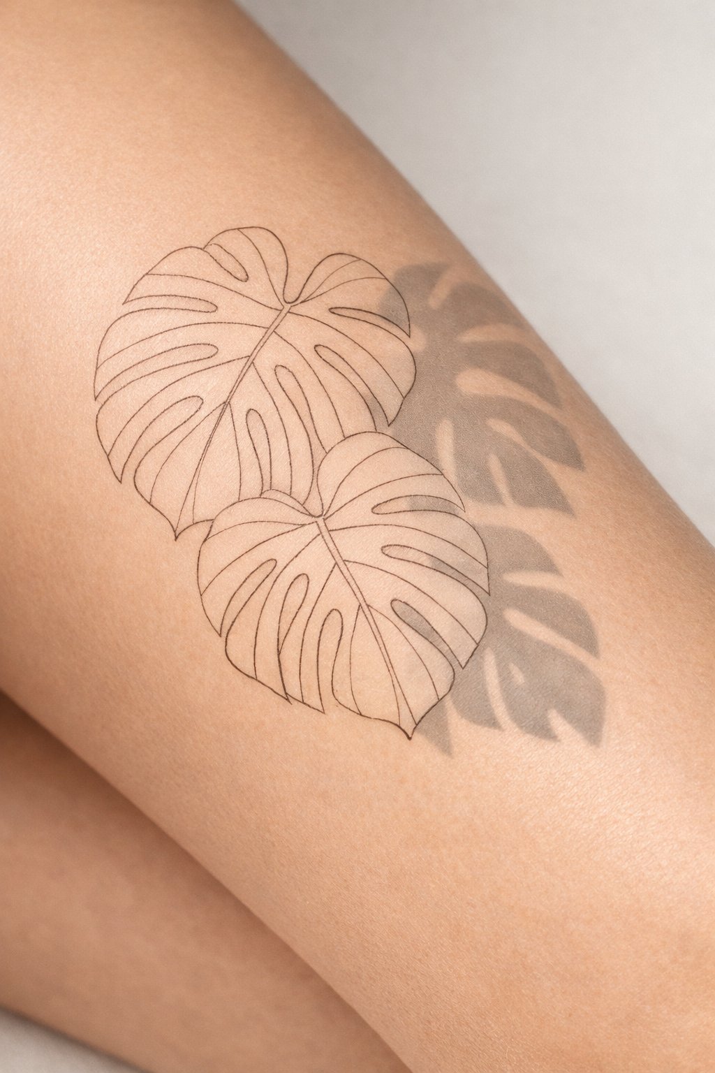 Diagonal composition on the thigh: two large monstera leaves in fine outline, with soft grey shadow shapes overlapping slightly beside them. Creates a subtle, dimensional illusion."