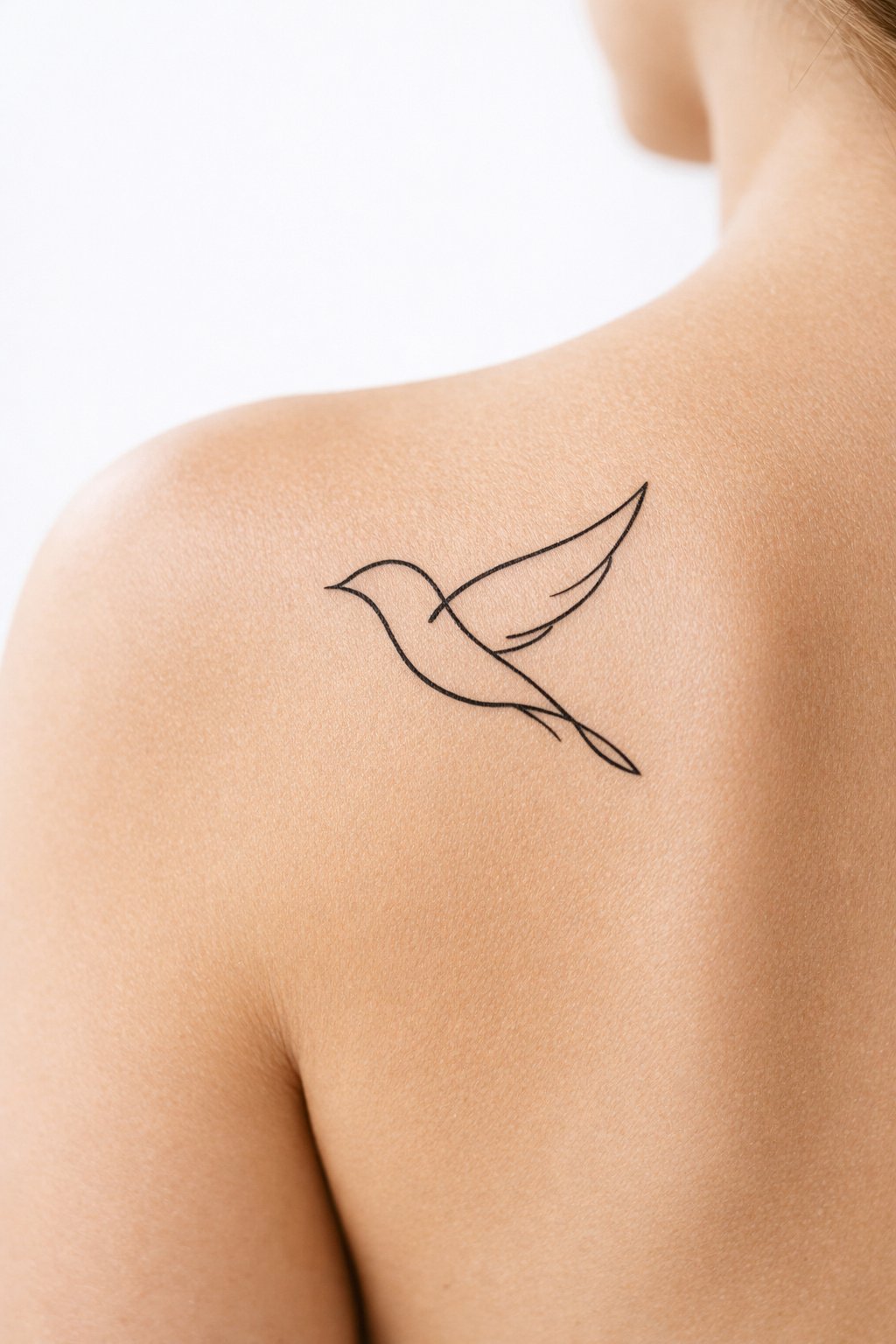 Extreme close-up of a single-line bird silhouette tattoo on the shoulder blade. The angle captures it as if in motion toward the spine. Clean, bright background with a soft shadow highlighting the simple design