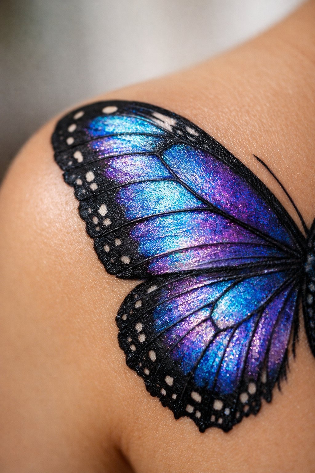 Extreme close-up of a detailed section of a butterfly wing tattoo on the shoulder. Iridescent blue and purple ink shimmers, showing individual wing scales. Sharp focus on the tattoo, everything else soft.