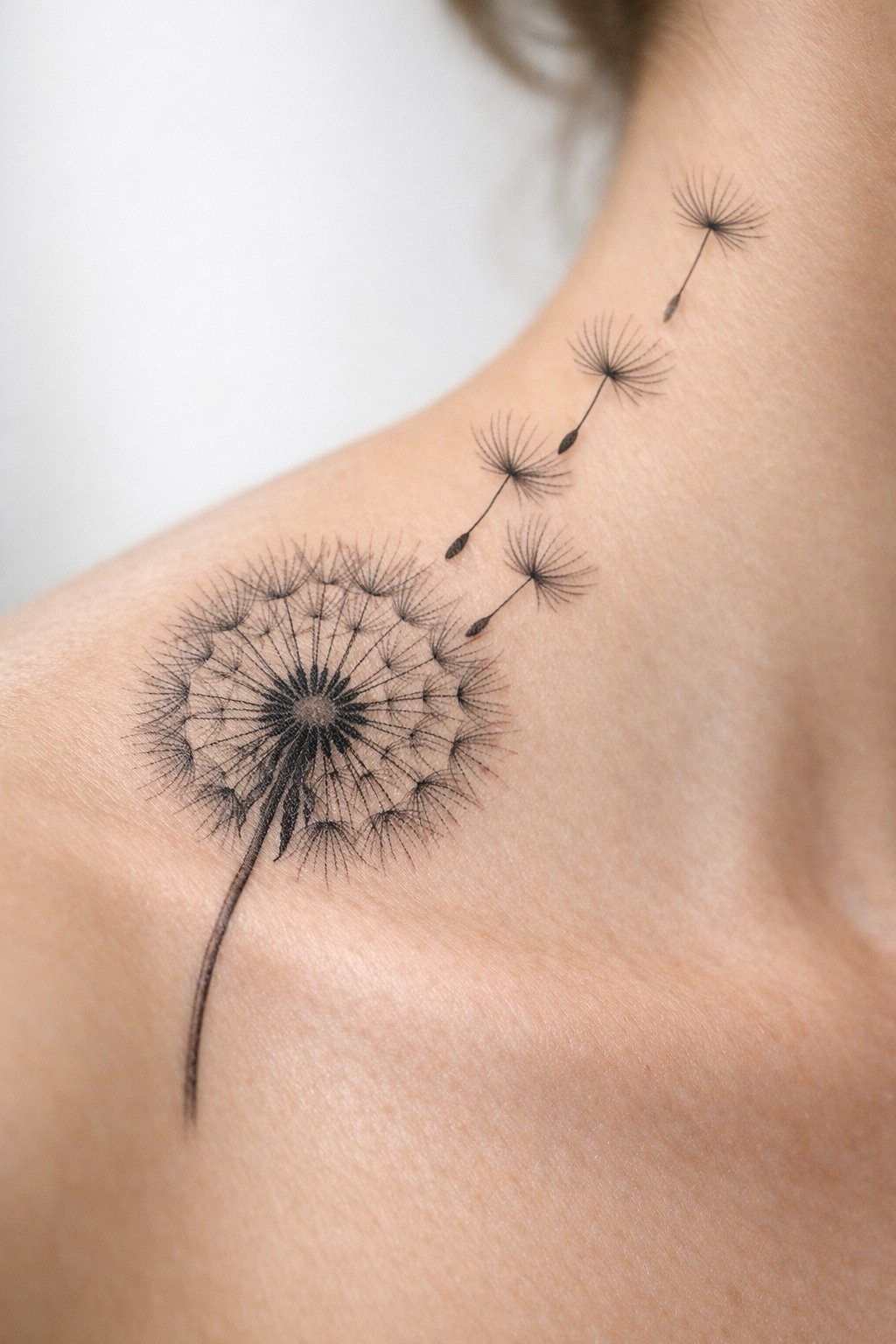 Extreme close-up of a dandelion puff tattoo on the shoulder, with a few wispy seed parachutes tattooed as if floating toward the neck. The seeds are rendered with the finest possible lines.