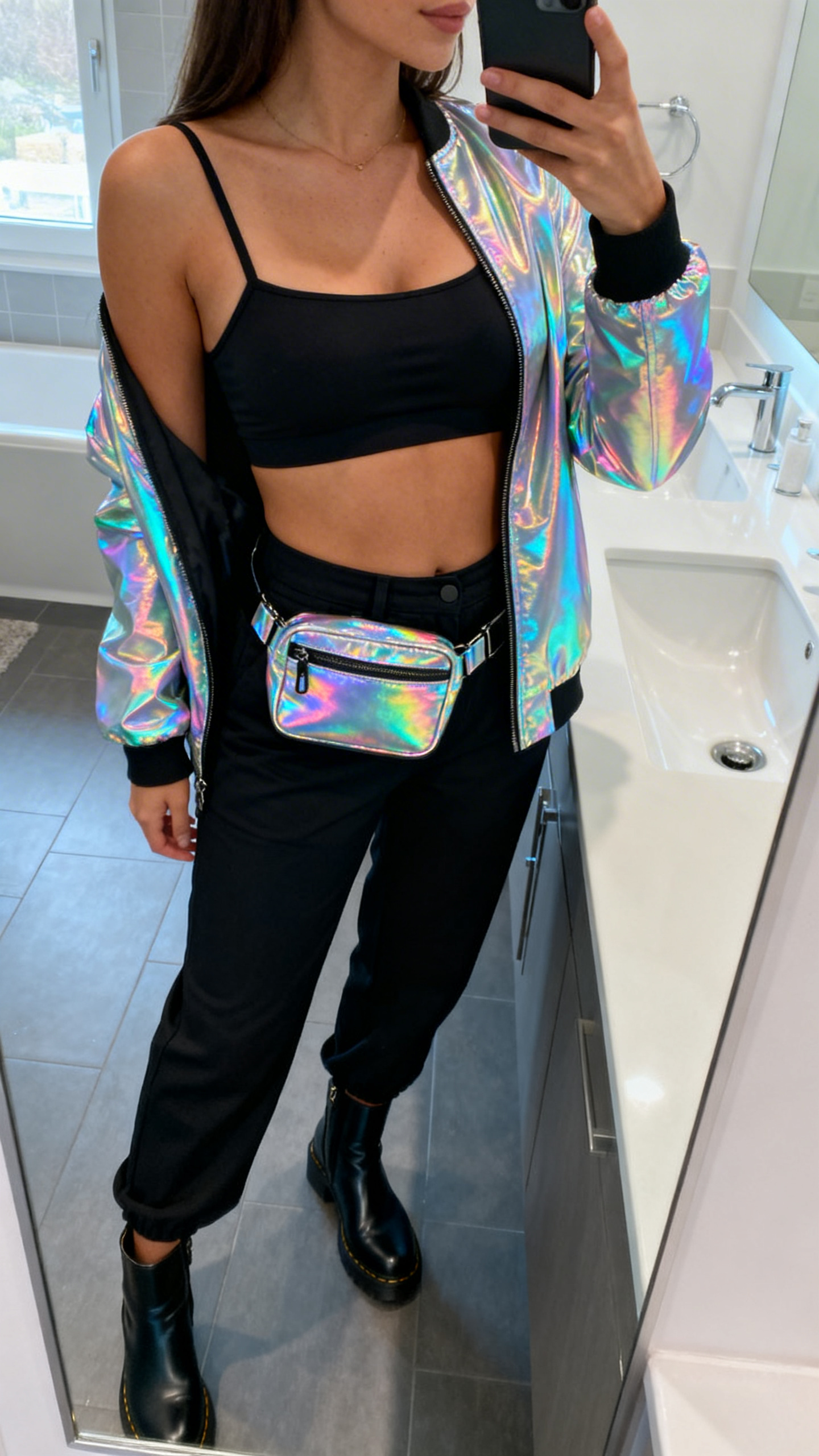 Bathroom mirror selfie: a woman in iridescent holographic crop jacket over matte black bralette, matte black high-waist pants, holographic belt bag, and ankle boots; side angle, face not visible, cool indoor light, iPhone photo quality.