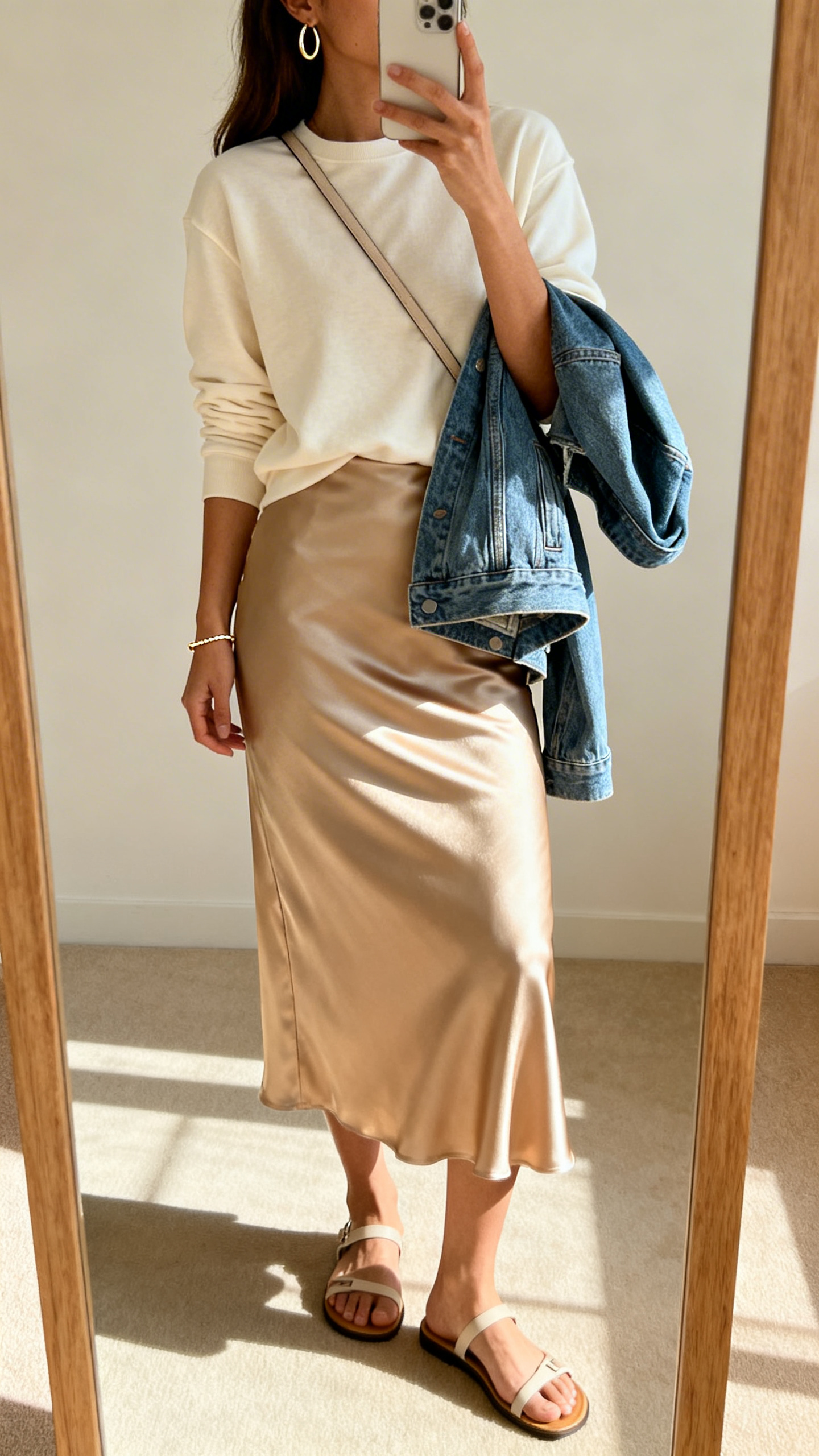 Bedroom mirror selfie with warm morning light: a woman in a champagne satin bias-cut midi skirt, cream cotton crewneck, minimalist sandals, slim crossbody, hoop earrings and a dainty bracelet, optional cropped denim jacket over arm, side angle, face not visible, iPhone photo quality.
