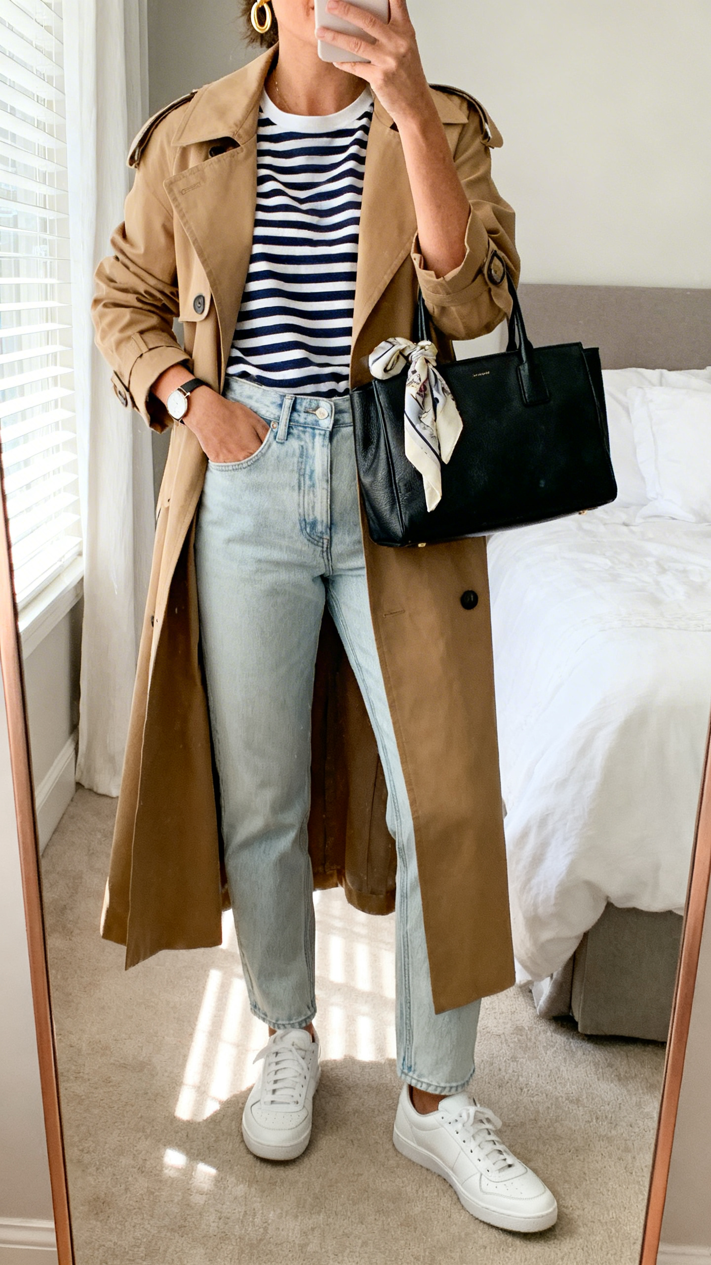 Mirror selfie in a bedroom with morning window light: a woman in a camel mid-calf trench over a navy/white striped Breton tee, light-wash high-waisted straight jeans, white leather sneakers, black structured leather tote, gold hoop earrings, slim watch, optional silk scarf tied to bag, cropped at neck, face not visible, iPhone photo quality.