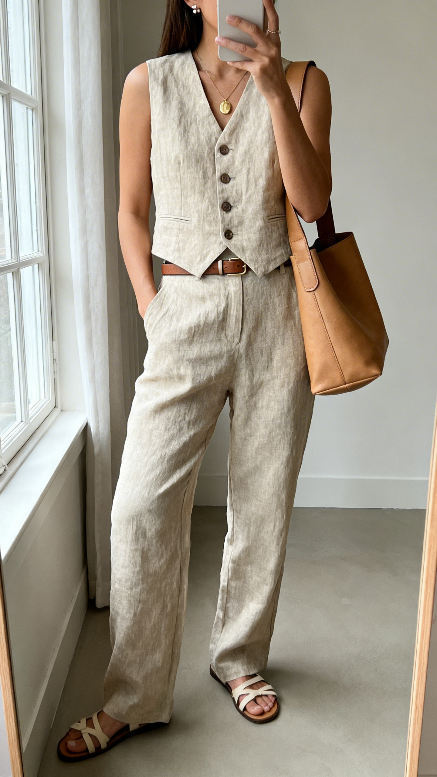 Mirror selfie near window: a woman in a buttoned slightly fitted linen vest with matching linen trousers, strappy sandals, tan leather shoulder bag, slim belt optional, gold pendant and minimal studs, side angle back-view, face not visible, iPhone photo quality.
