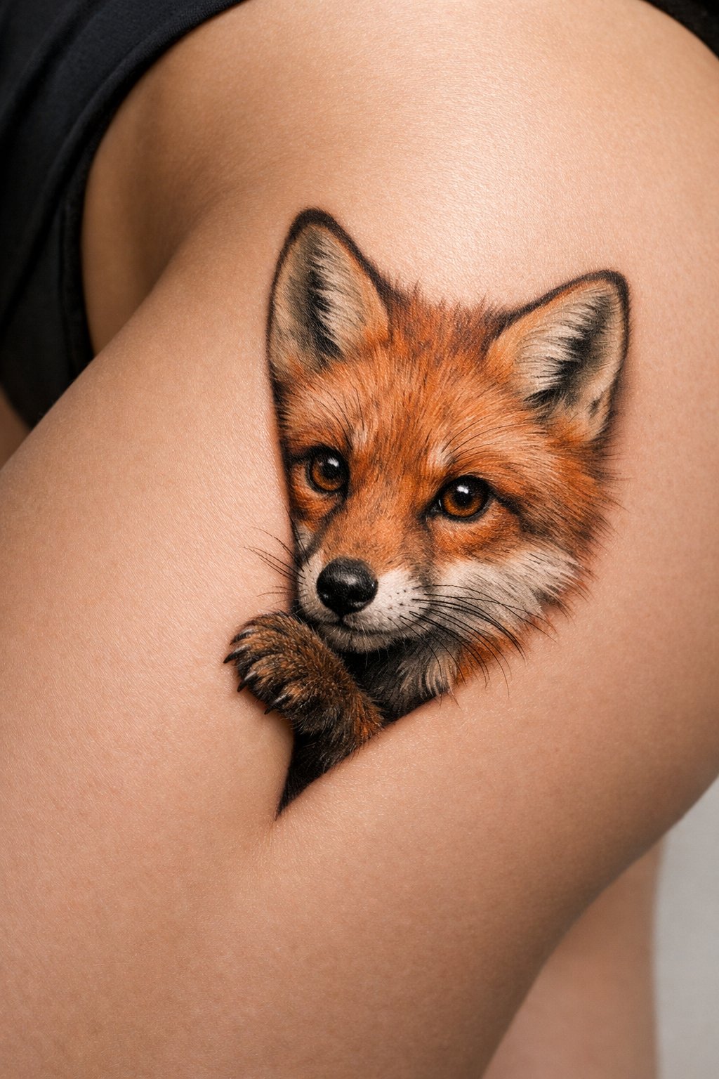 Front/side thigh angle: a realistic fox’s face and one paw peeking out from the front curve of the thigh, as if hiding. Detailed eyes and fur texture. It is a neatly drawn tattoo