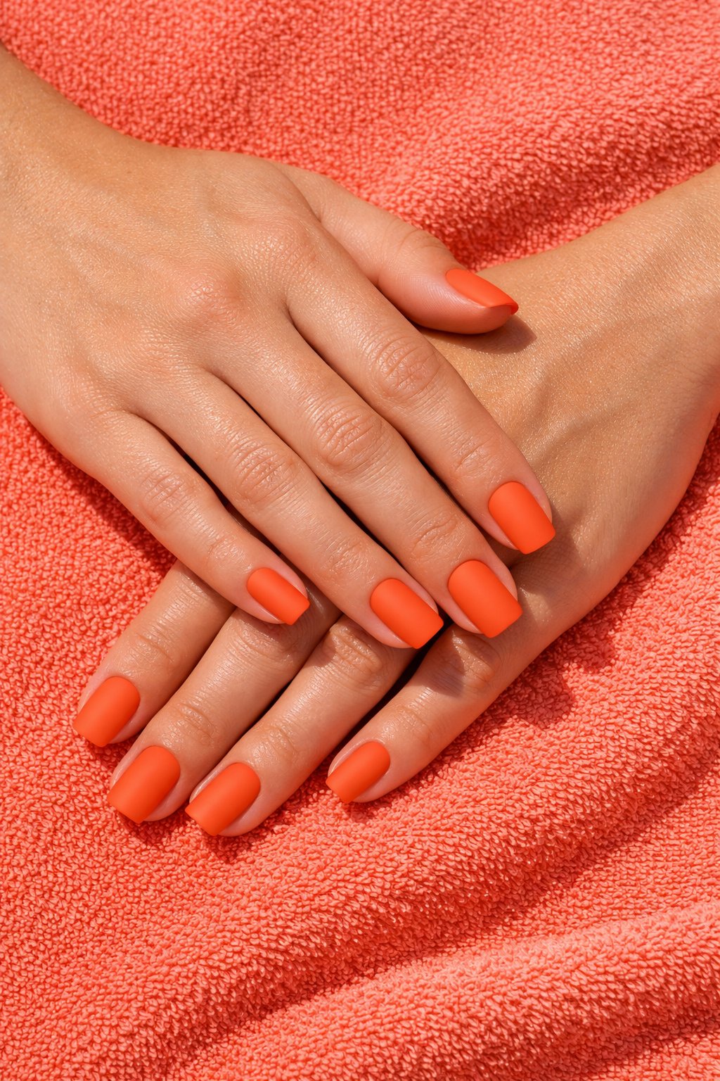 Image Prompt: Overhead shot of hands on a bright coral beach towel. The square nails are a flat, matte coral orange. The vibrant color pops against the towel under the bright sun.