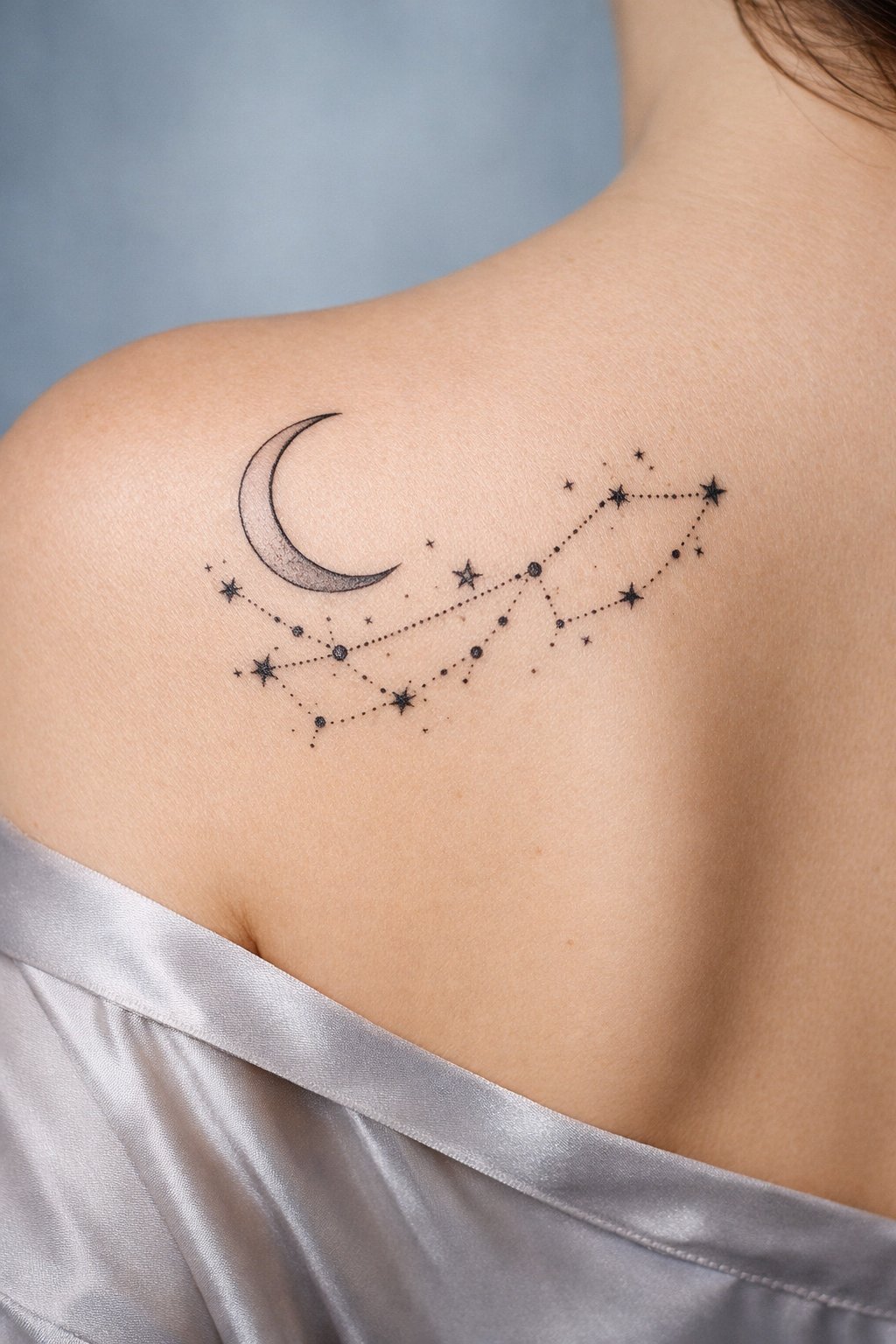 Macro shot of a fine-line crescent moon and dot-work star constellation tattoo on the back shoulder. The skin is bare, with a silky robe strap falling just below it. Cool, muted background.