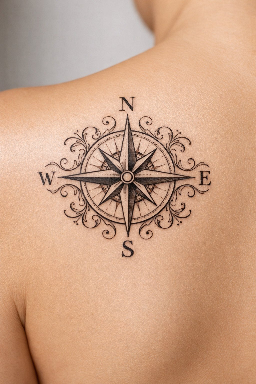 Macro shot of a finely-lined compass rose tattoo on the shoulder blade. The cardinal points are clearly defined, with delicate scrollwork. The image is centered and symmetrical on the skin