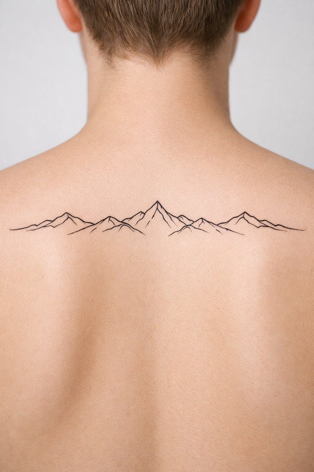 "Macro shot of a minimalist, single-line mountain range tattoo sitting on the upper shoulder blade. The back is turned, with the landscape mirrored perfectly across both shoulders.