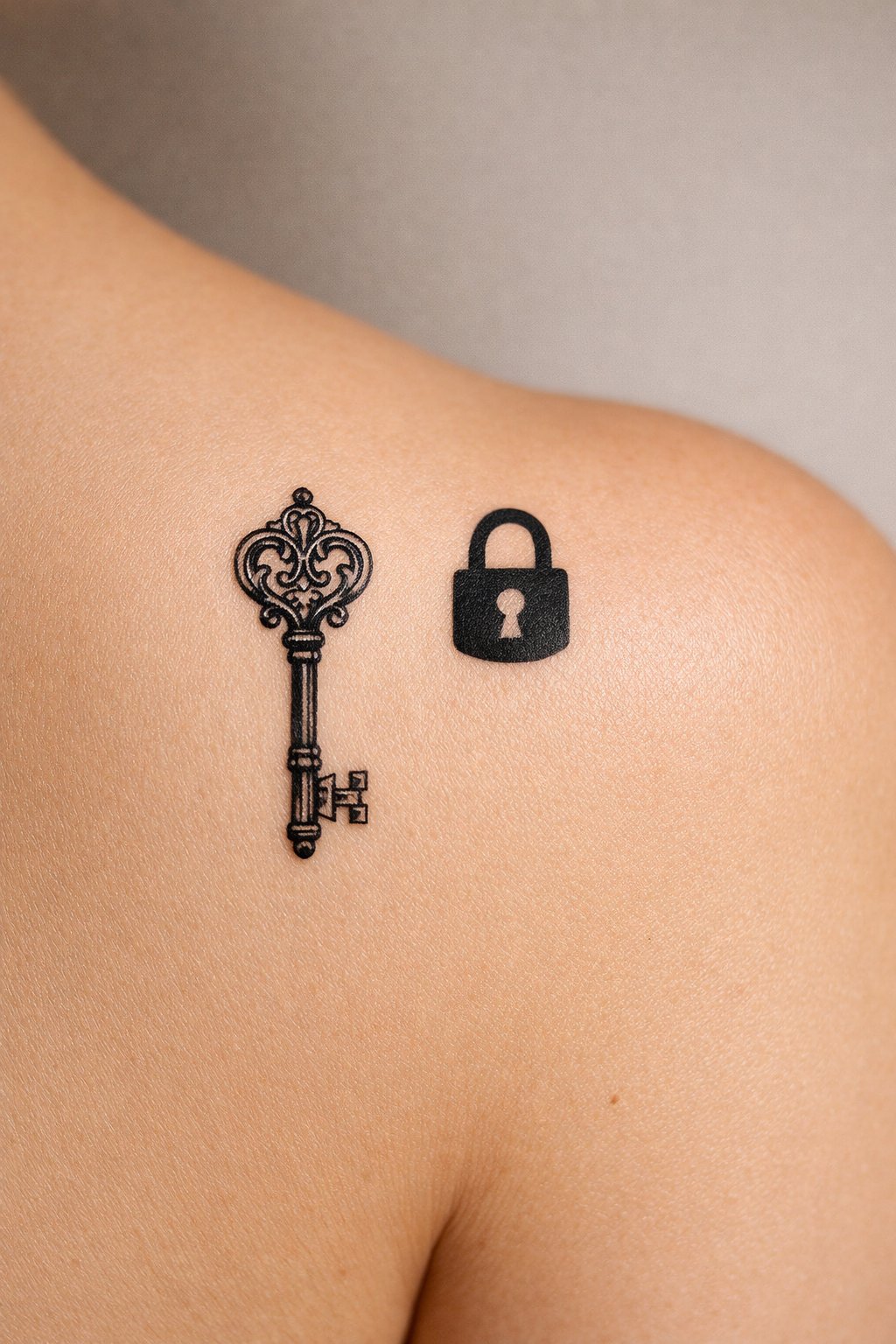 Macro shot of a small, ornate key tattoo near the shoulder joint, with a corresponding lock silhouette on the upper back. The skin is unadorned, focusing on the clean blackwork and clever placement.