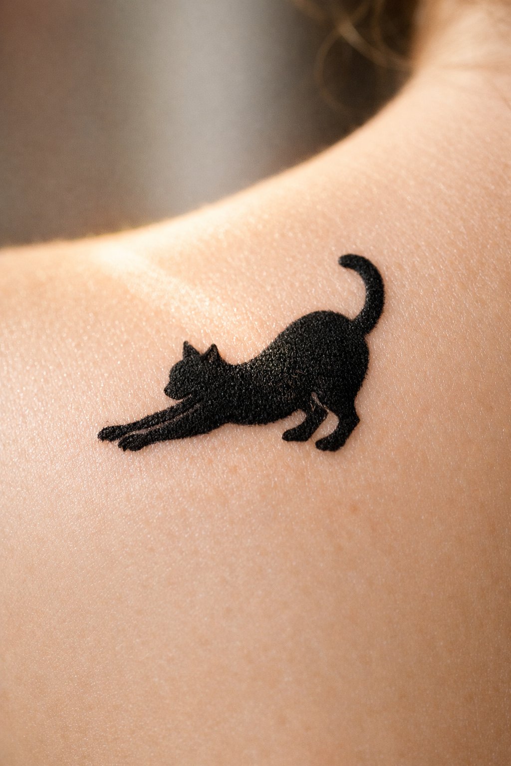 Macro shot of a tiny, solid black cat silhouette tattoo in a stretching pose on the back shoulder. The skin is fair, making the design pop. One real sunbeam highlights the tattoo."