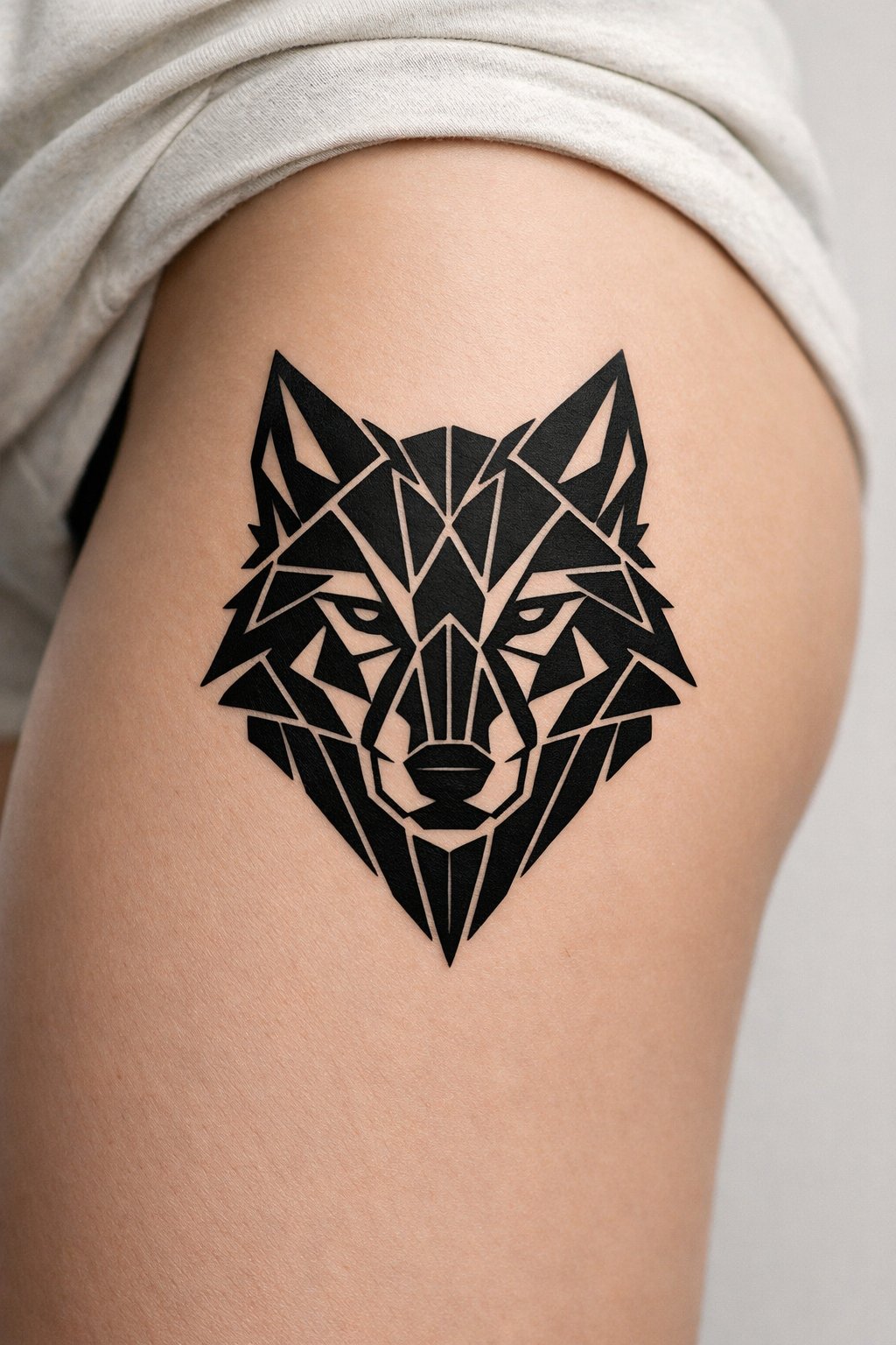 Outer thigh placement: a wolf head composed of interlocking triangles and straight lines. Solid black ink, forming a striking graphic image against the skin.