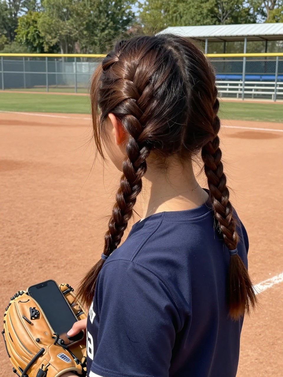 Photo of a girl wearing Dutch braid pigtails on a softball field, back-of-head view showing the raised braids, in natural light with a fence and bleachers in the background, containing a softball glove on her hand, iPhone photo quality.