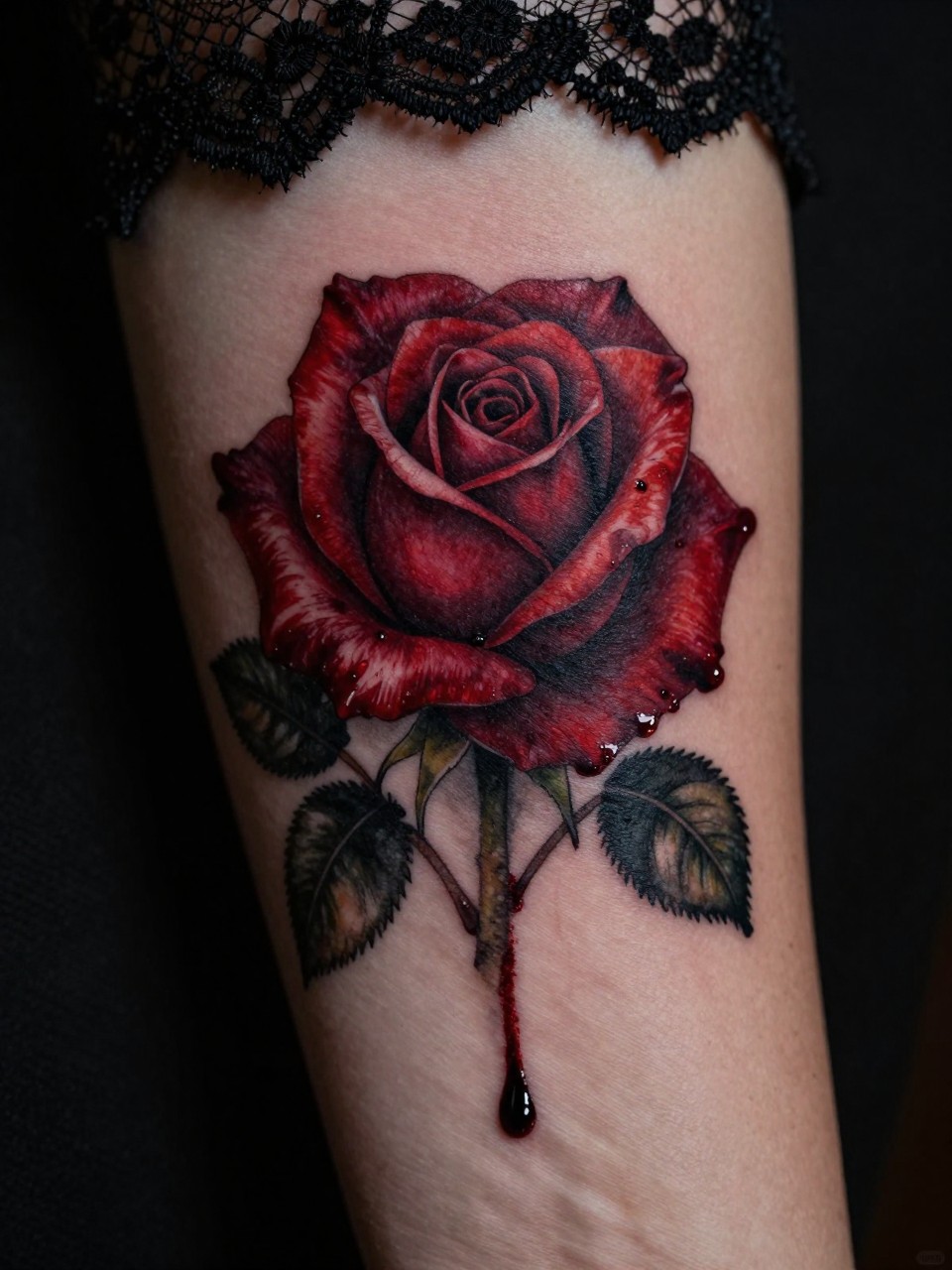 Extreme macro close-up of bleeding roses tattoo on the forearm. Deep red roses with black shadows appear to drip black ink down the skin. The style is realistic with dark, moody shading. She's wearing a black lace sleeve. Dramatic, low-key lighting with a single light source, dark romantic vibe.