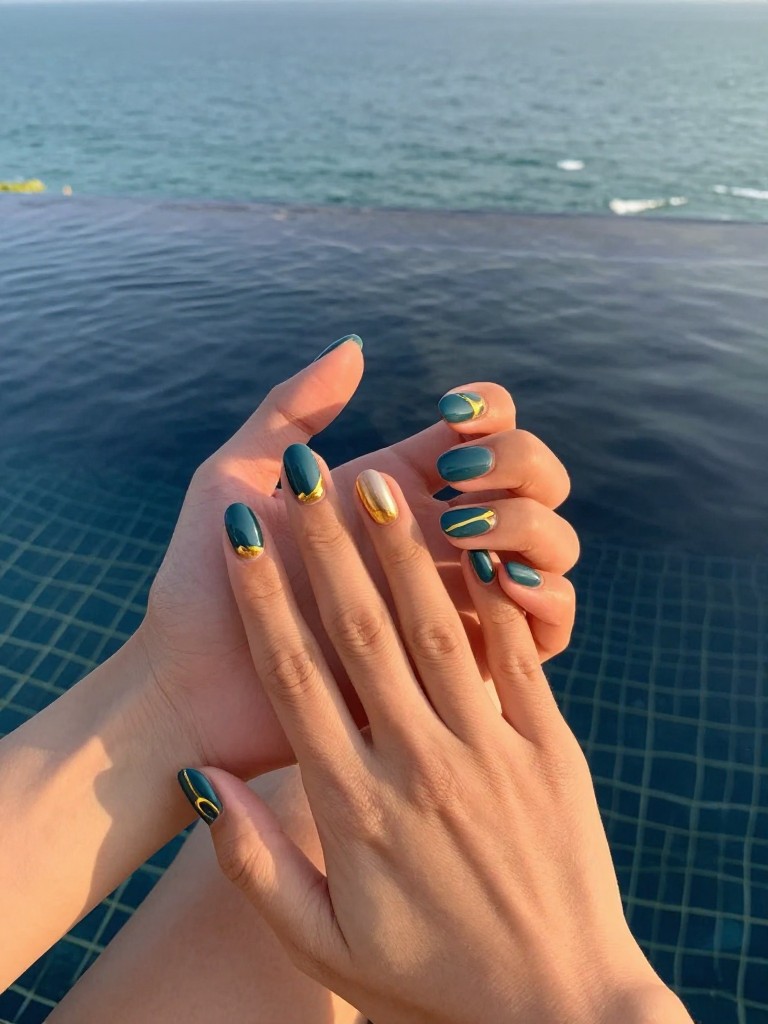 Overhead view of hands draped over the edge of a dark-tiled infinity pool, overlooking the ocean. The nails are a medium oval shape in a deep teal. A swirling line of shiny metallic gold arcs across each nail. The late afternoon light glints off the gold.