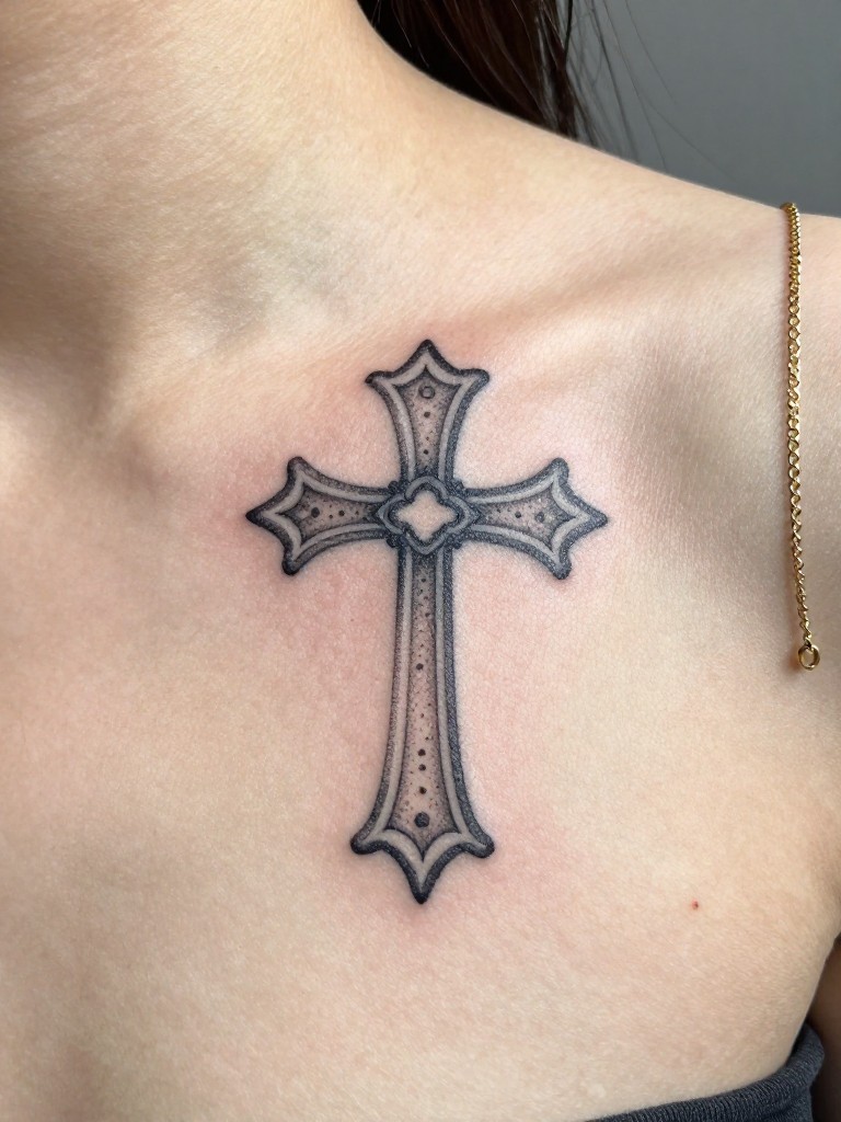 Extreme close-up of a gothic cross tattoo on the collarbone, with the inside of the cross filled with tiny negative-space dots. The skin is slightly sun-kissed. A delicate gold chain rests nearby on a smooth stone surface. Bright, clean light.