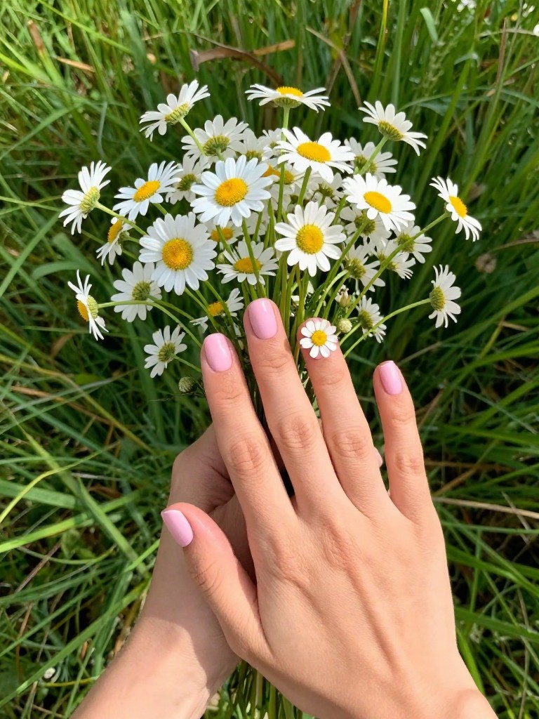 Bird's-eye view of hands holding a bouquet of wild daisies in a meadow. The short,rounded nails are a pale pink. A simple white daisy is painted on each ring finger. The sunlight is dappled and soft.