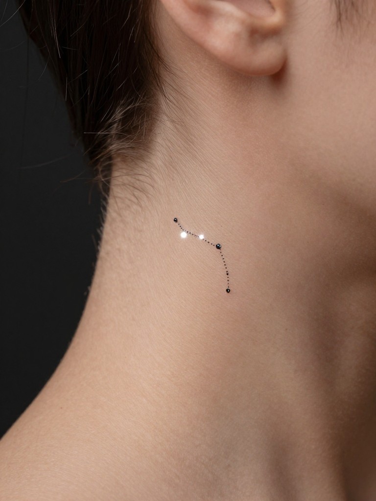  "Macro shot of tiny, precise dot-work forming a small constellation at the nape. One dot is slightly larger, mimicking a star's glow. Shot against skin, with a dark background to contrast."