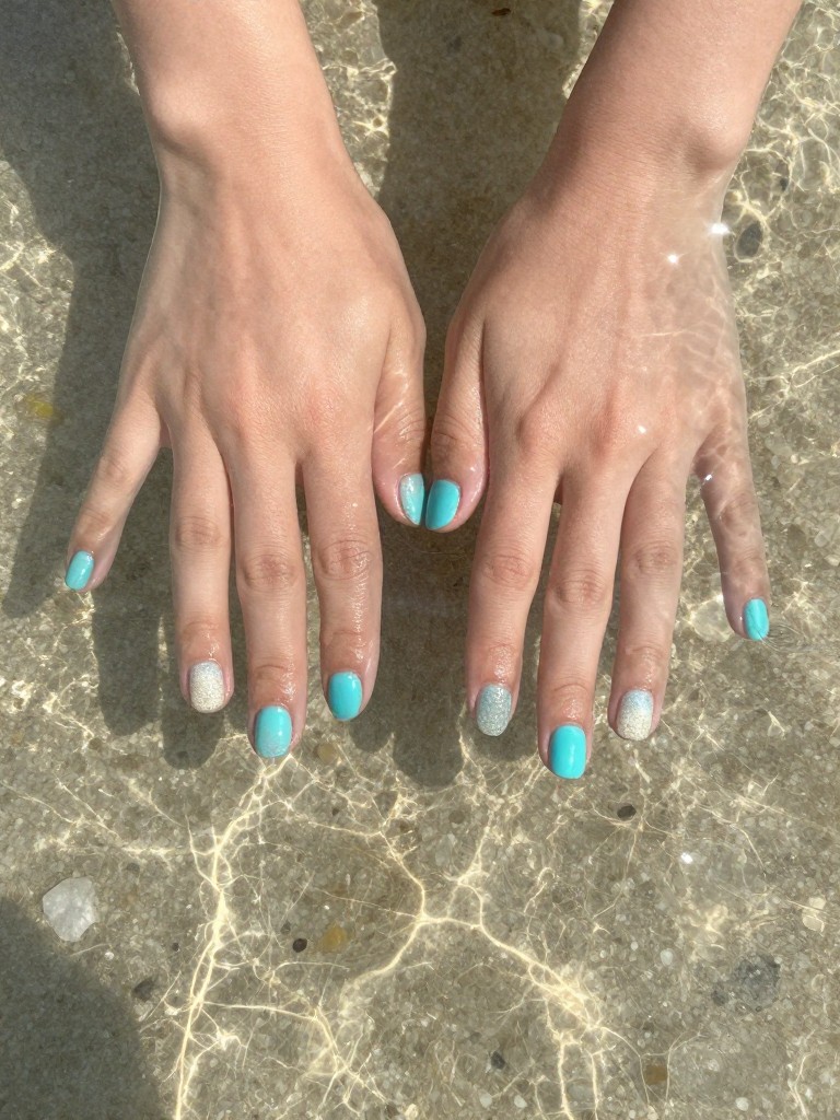 Overhead, top-down view of feminine hands with short, rounded nails half-submerged in crystal-clear, shallow ocean water. The nails are a sheer, bright turquoise with textured, sandy-white tips. Sunlight sparkles through the water onto the nails.