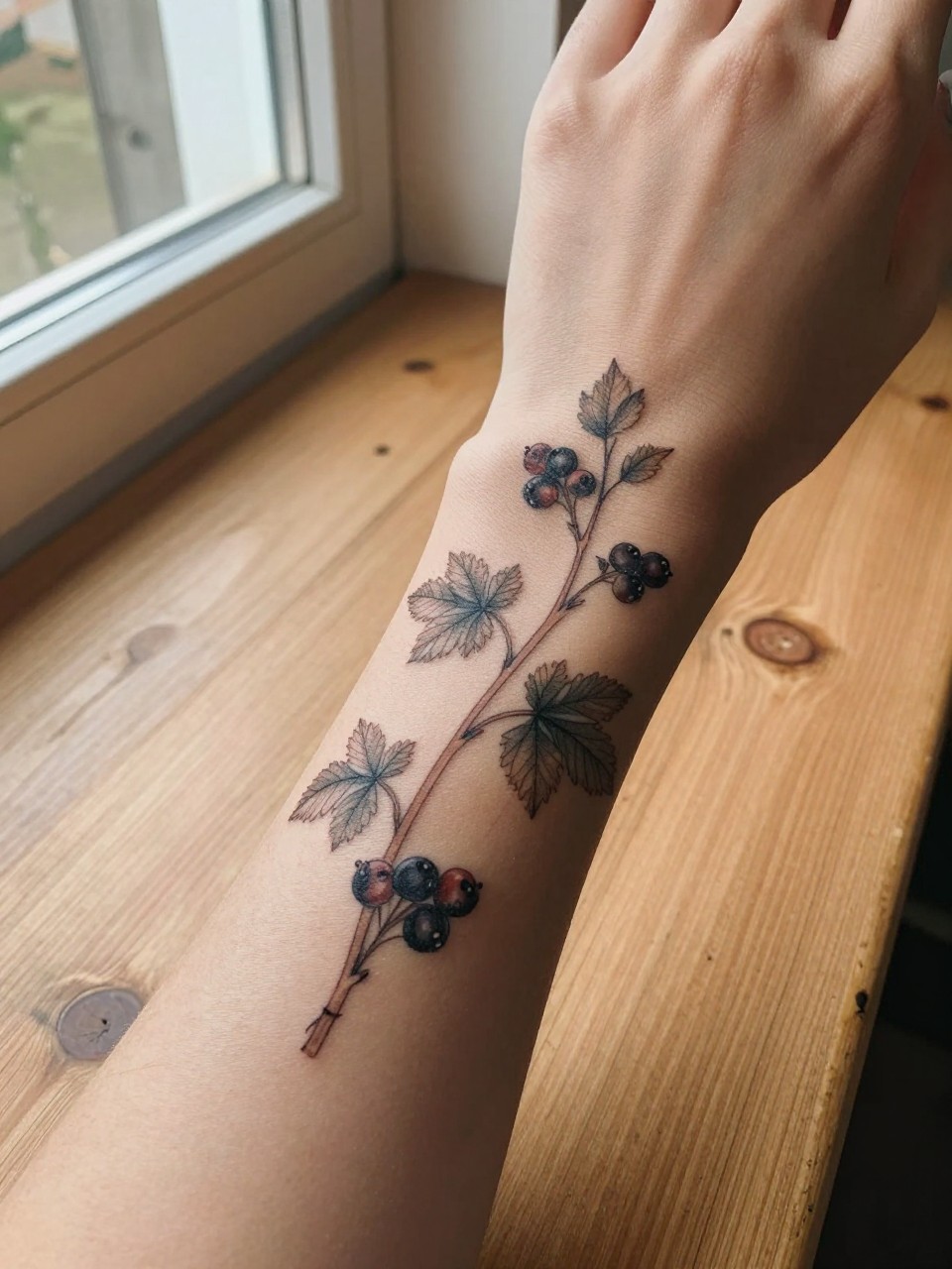Image Prompt: "Extreme close-up of a vine tattoo on a forearm. Small berries and delicate leaves wrap around the arm. The hand rests on a wooden table near an open window. Warm, natural light with a cozy, rustic feel."