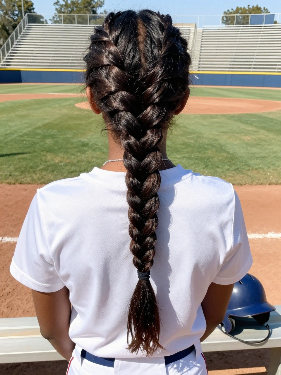 Photo of a black girl wearing a classic braid on a softball field, back-of-head view showing the length and thickness of the braid, in bright sunlight with bleachers in the background, containing a batting helmet on the bench, iPhone photo quality.