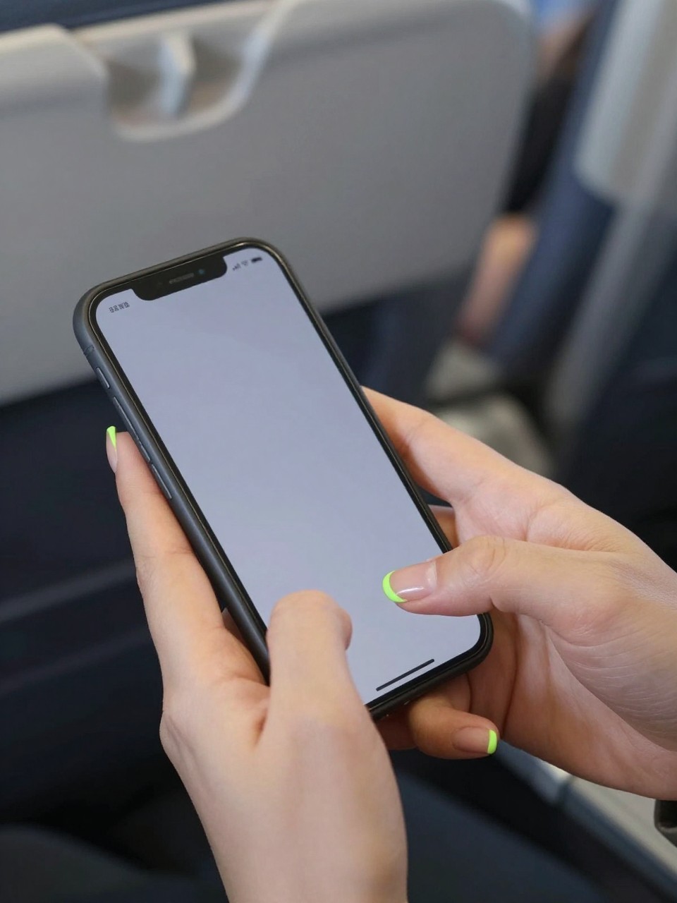  Bird's-eye view of hands scrolling through a phone on a flight tray table. The nails are natural and short. A thin, vertical stripe of matte neon green runs along the outer edge of each nail. The ambient plane cabin light.