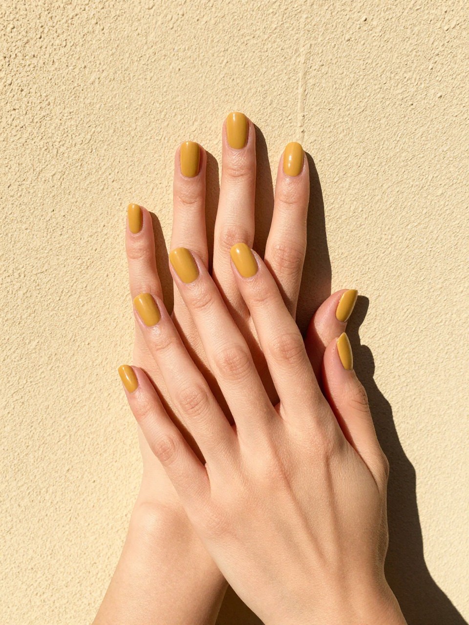  Bird's-eye view of hands against a faded, ochre-colored stucco wall. The nails are a squoval shape in a flat, dusty mustard yellow. The bright, direct sun enhances the matte, chalky finish.