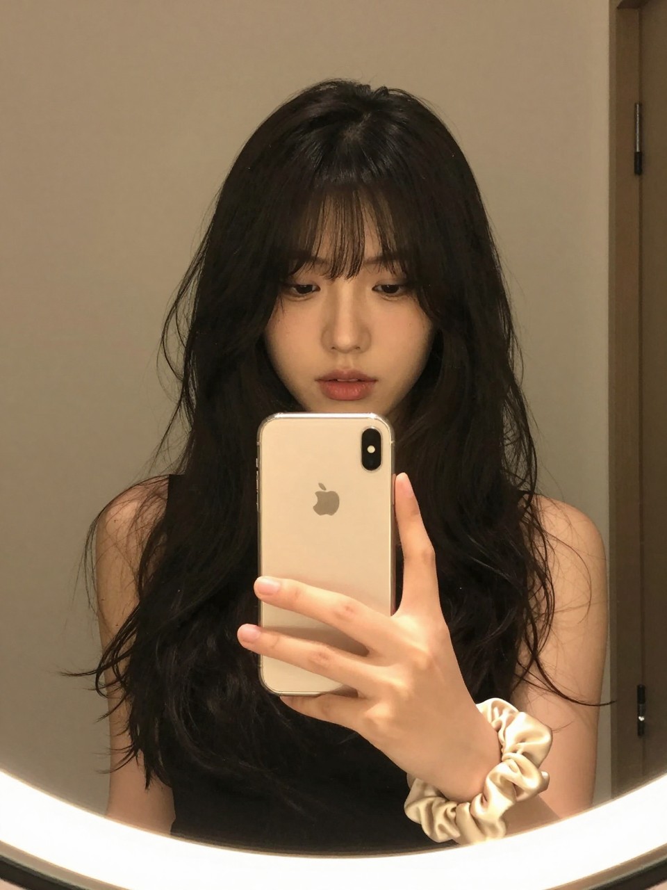 Photo of a woman wearing curtain bangs styled with waves, front-facing view in a bathroom vanity mirror holding her phone, setting has soft indoor lighting from overhead warm bulbs, containing a silk scrunchie on her wrist, iPhone photo quality.