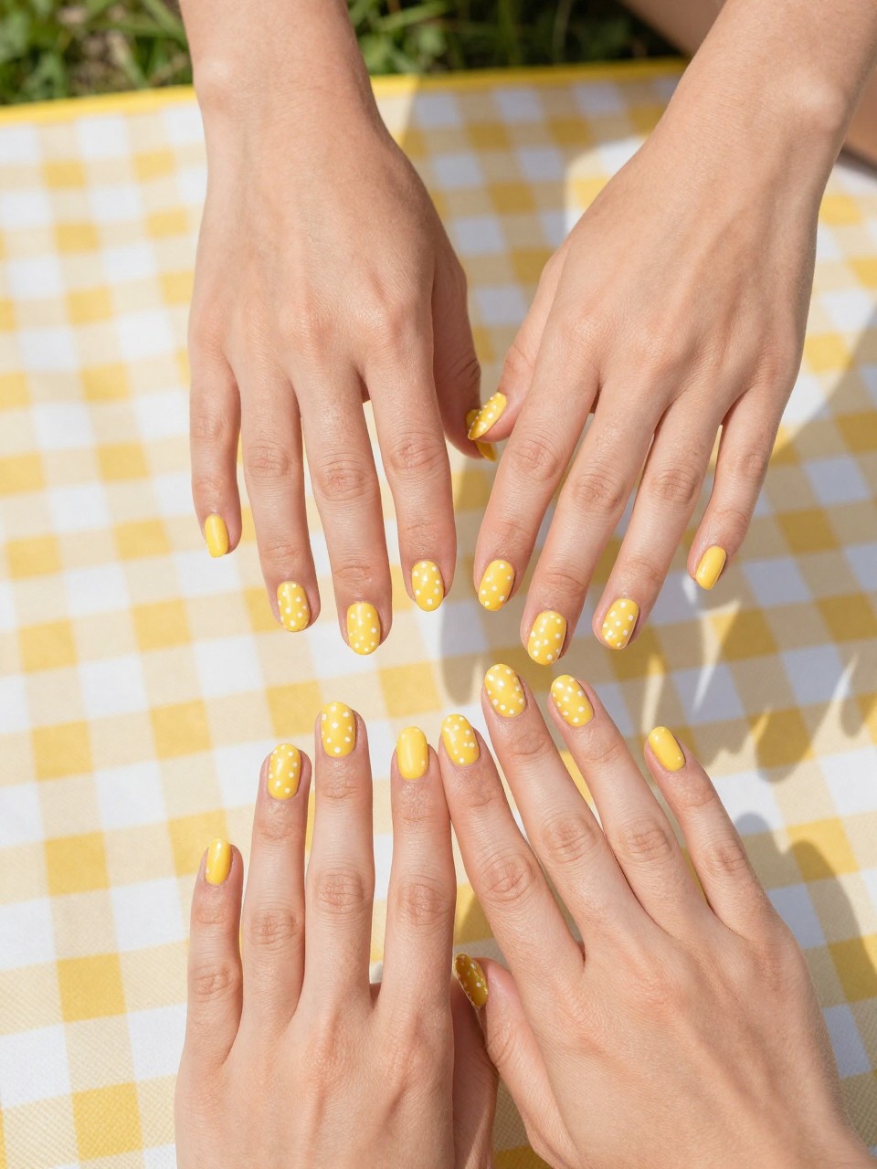 Top-down view of hands on a yellow gingham picnic blanket. The short, rounded nails are glossy yellow. Even rows of crisp white polka dots cover each nail. The setting is a sunny park.