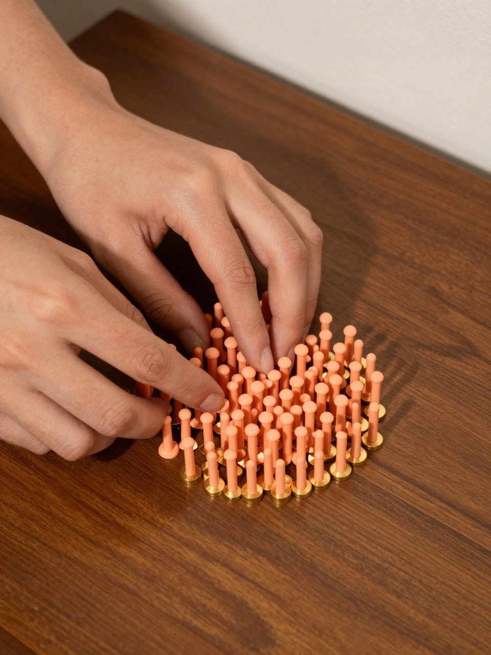  Bird's-eye view of hands on a mid-century modern side table. The nails are peach orange with a gold half-moon at the base. The lighting is warm and retro.