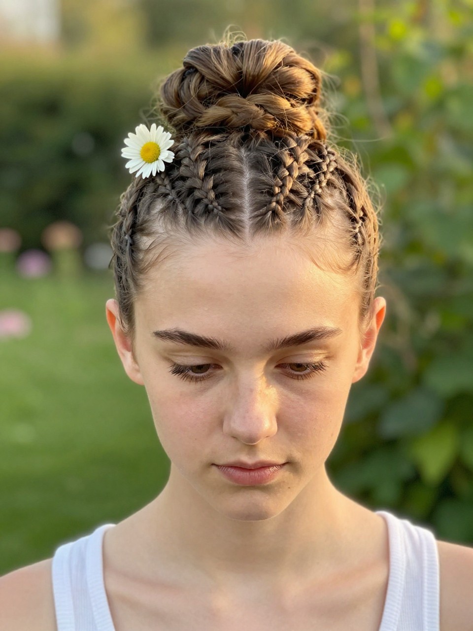 Photo of a white american teenager wearing a braided crown updo, front-facing view showing the braids crossing the crown, setting: a garden with soft green background and soft sunlight, lighting: warm golden hour light, containing a small flower tucked into one of the braids, iPhone photo quality.