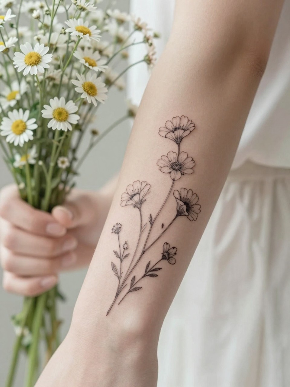 Image Prompt: "Macro shot of a floral cuff tattoo on a forearm. Delicate wildflowers in fine black linework wrap continuously around the arm. The hand holds a fresh bouquet of matching flowers. Soft, diffused natural light. Dreamy and feminine vibe."