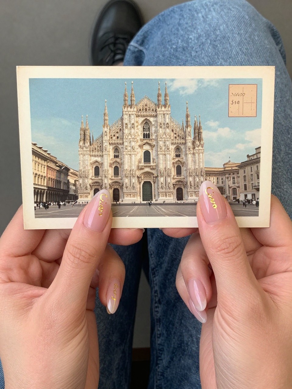 Top-down view of hands holding a vintage postcard from Italy. The nails are natural almond with a sheer pink base. The word "Ciao" is written in delicate gold cursive on each ring finger. The scene feels personal and nostalgic.