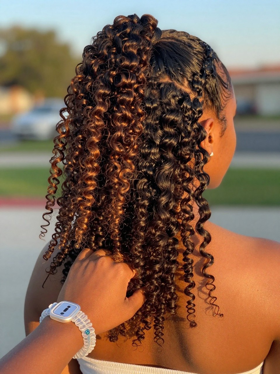 Photo of a black woman wearing a curly half-up bubble ponytail, back-of-head view showing the bubbles down the length, in golden hour lighting against a blurred background, containing a pack of clear elastics on her wrist, iPhone photo quality.