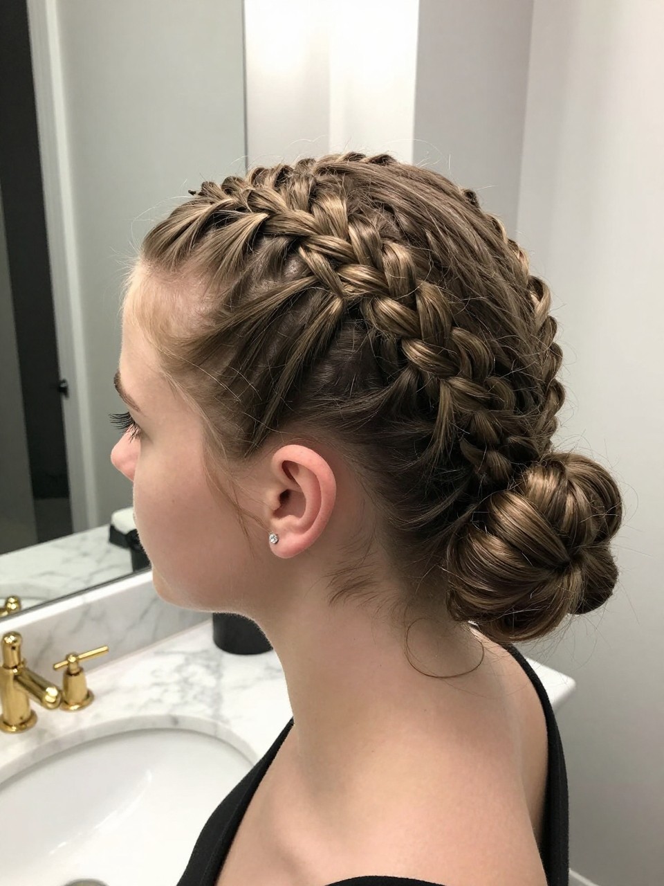 Photo of a white american teenager wearing a Dutch Braid Bun, side profile view showing the smooth lines and placement, setting: a bathroom with marble countertops and gold fixtures, lighting: bright, cool bathroom lighting, containing a pair of diamond stud earrings visible, iPhone photo quality.