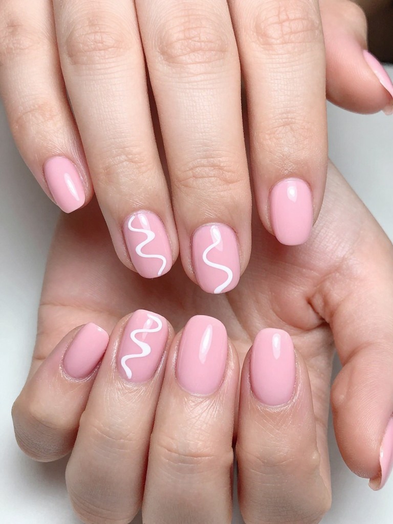 Overhead shot of hands with rounded nails are a glossy bubblegum pink. A single white squiggly line dances across each nail. The lighting is festive and bright.