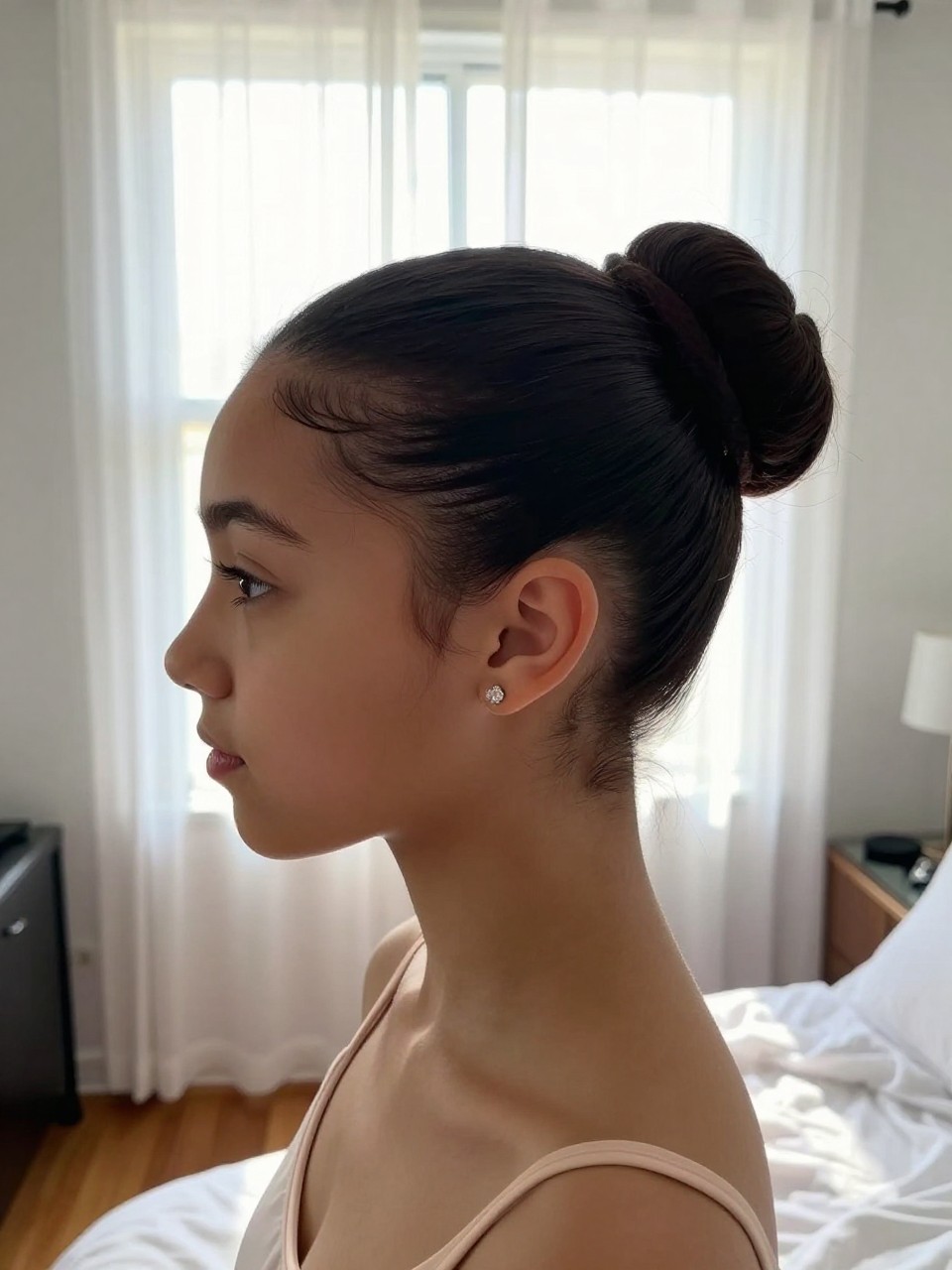 Photo of a biracial american teen girl wearing a classic ballerina bun, side profile view showing the sleek lines and placement of the bun, setting: a sun-drenched bedroom with white curtains, lighting: bright natural window light, containing a pair of diamond stud earrings visible, iPhone photo quality.