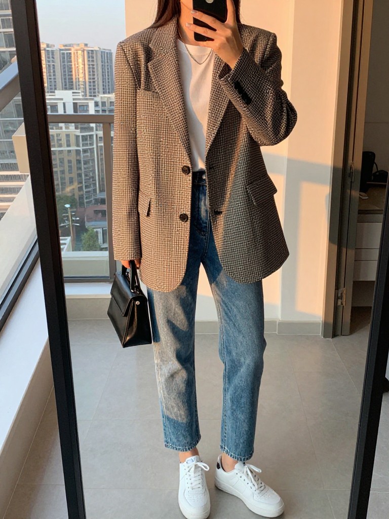 iPhone mirror selfie of a woman in an oversized check blazer over a white tee with medium straight jeans and white sneakers, holding a mini black bag, cropped at NECK so face doesn't show, in a city apartment, evening golden hour, iPhone photo quality.