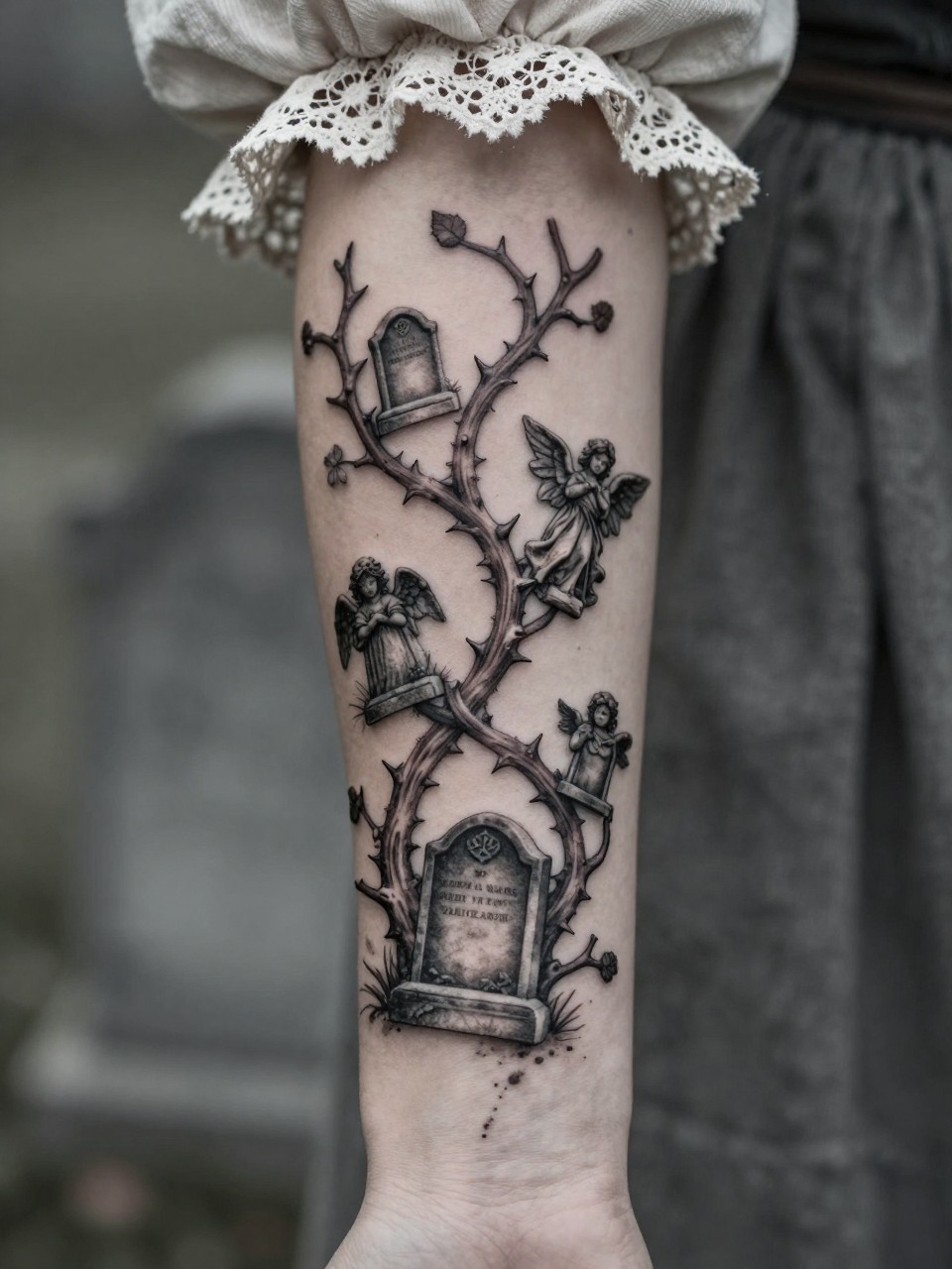Extreme close-up of cemetery vines tattoo wrapping around the forearm. Dark vines twist with tiny, detailed gravestones and angel statues hidden among thorny branches. She's wearing a Victorian-style blouse with lace cuffs. Moody, foggy lighting, gothic romantic vibe.