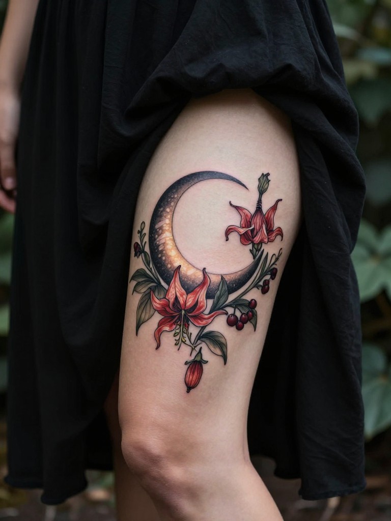 Close-up of a crescent moon tattoo surrounded by detailed belladonna flowers and berries on a woman's outer thigh. The moon has a soft glow. She wears a flowy black skirt. Moody, garden lighting with deep shadows.