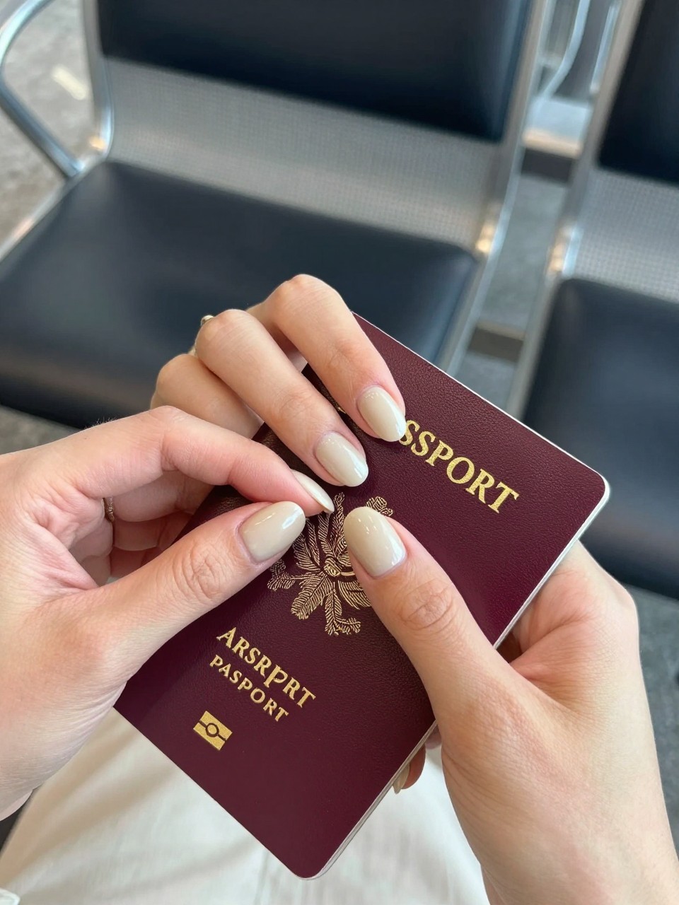  Overhead, top-down view of feminine hands with very short, squoval nails zipping a leather passport holder. The nails are a creamy, neutral nude with a mirror-like glossy finish. The setting is a sunlit airport lounge chair, light reflecting off the nails.