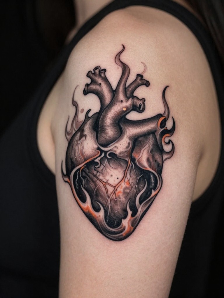 Close-up of a heart engulfed in stylized flames tattoo on a woman's upper arm, the flames curling and soft in black and grey with warm accents. Dramatic, fiery lighting effect.