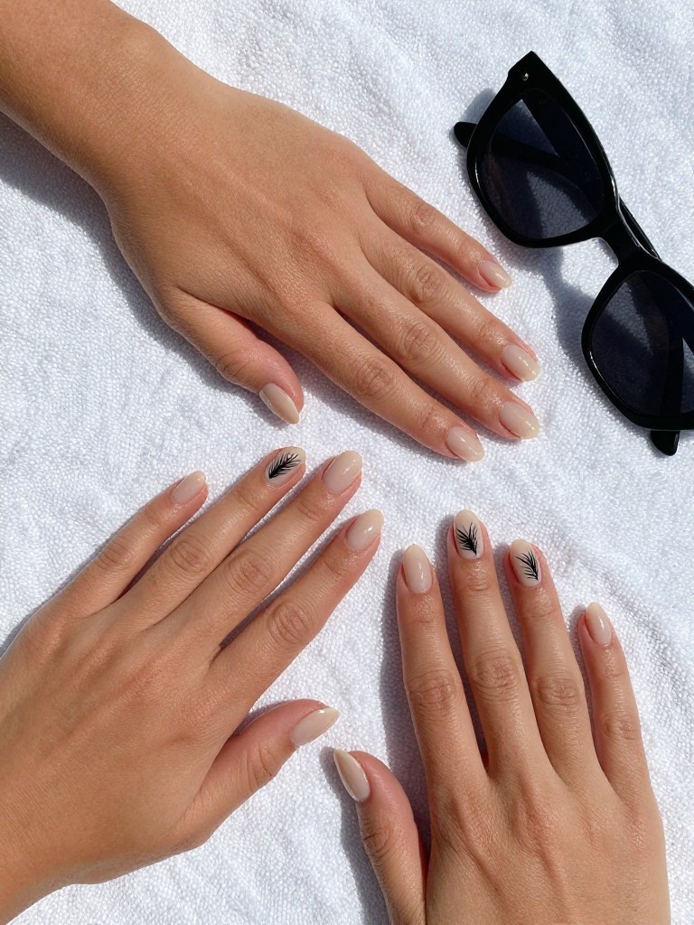 Bird's-eye view of hands resting on a crisp, white resort towel next to a pair of sunglasses. The oval nails have a translucent beige base. One accent nail per hand features a single, elegant black palm leaf silhouette painted diagonally. The lighting is bright and clear, casting soft shadows.