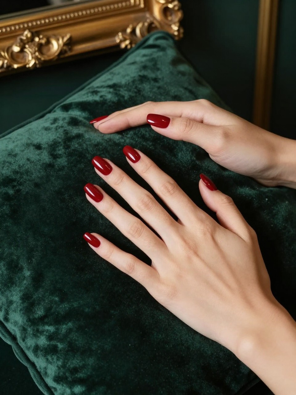 Overhead shot of hands draped over a dark green velvet cushion. The nails are a medium coffin shape in a deep, matte red. The setting is an elegant, dimly lit room with a gilded frame in the background, highlighting the color’s richness.