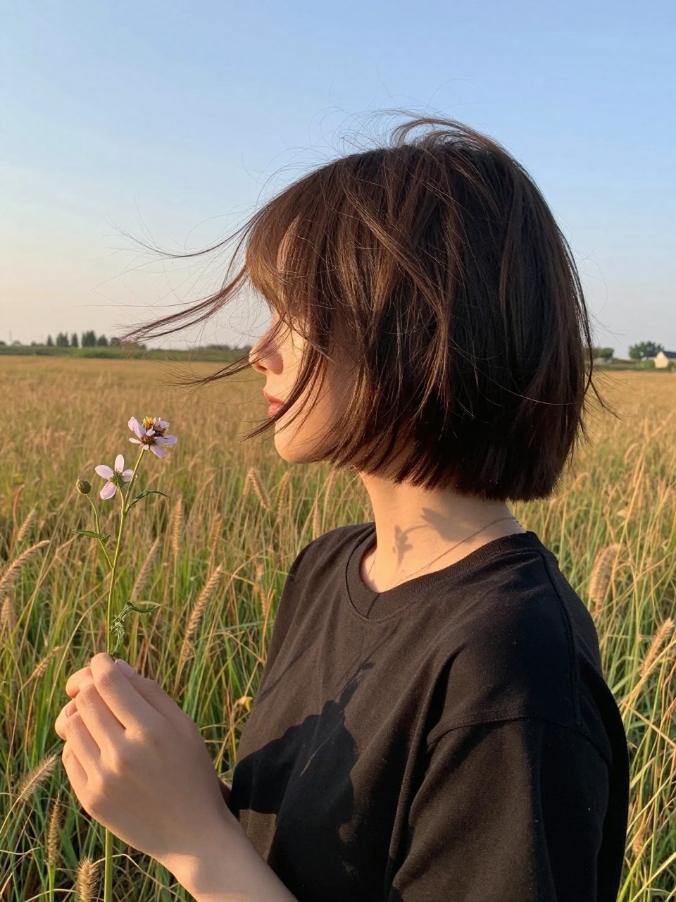 Photo of razor-cut choppy bob, wind gently moving hair shot, in an open field with tall grass, late afternoon golden light, containing a wildflower casually held in hand, iPhone photo quality.